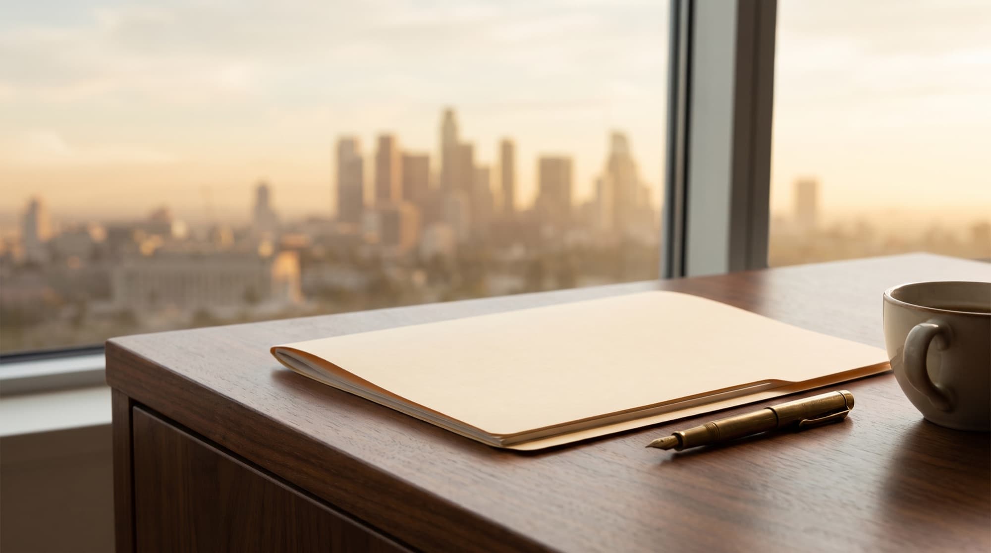 A walnut desk at dawn with a closed folder, a brass pen and a coffee, a city through the window
