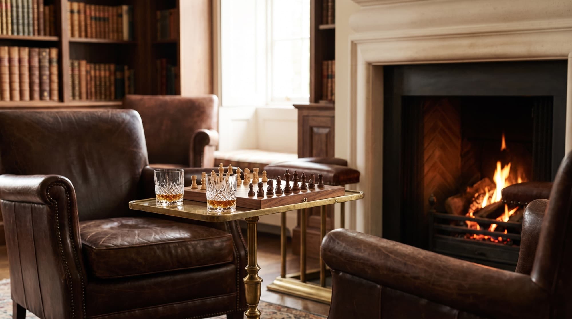 Two leather armchairs by a fire with a chess game between them